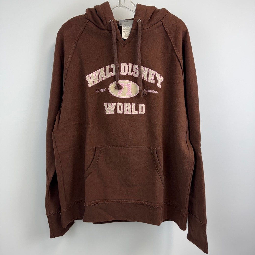 Walt Disney World Hoodie XXL Brown Pink Embroidered 71 Raglan Distressed Hem